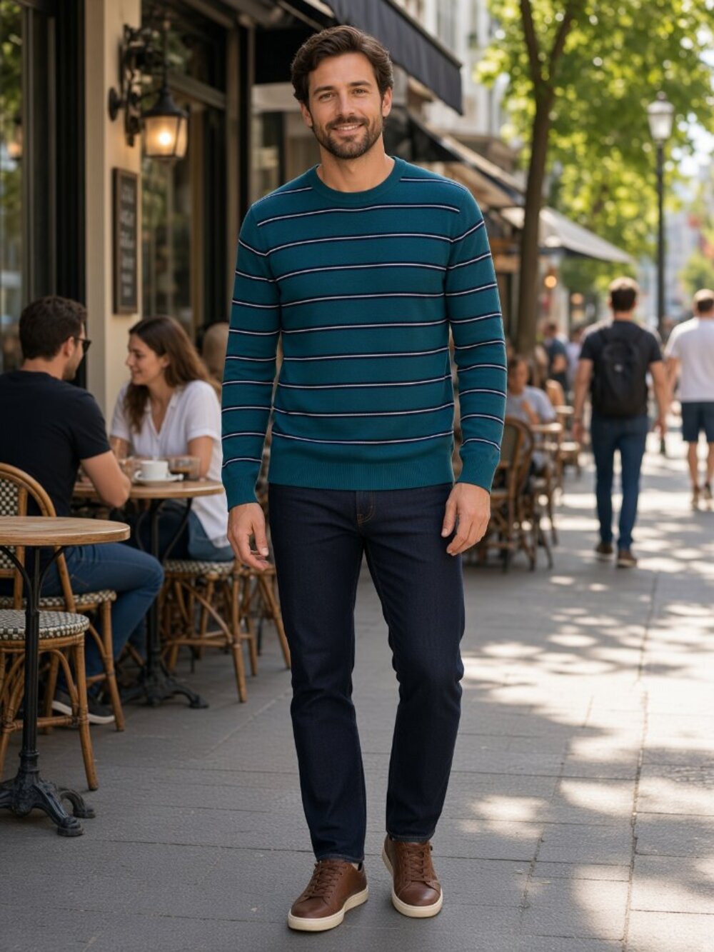 Michael Kors Men Green 100% Extra Fine Merino Wool Striped Crewneck Pullover XXL